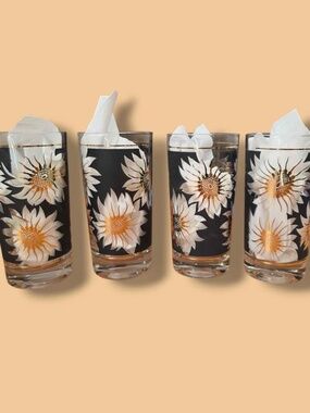 MCM Black & Gold Sunflower Glasses - Set of 4